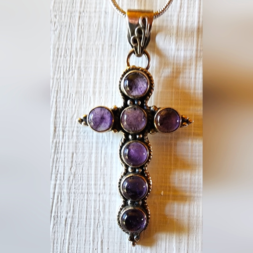 GENUINE AMETHYST 925 STERLING SILVER Vintage Cross Pendant with S.S. Snake Chain